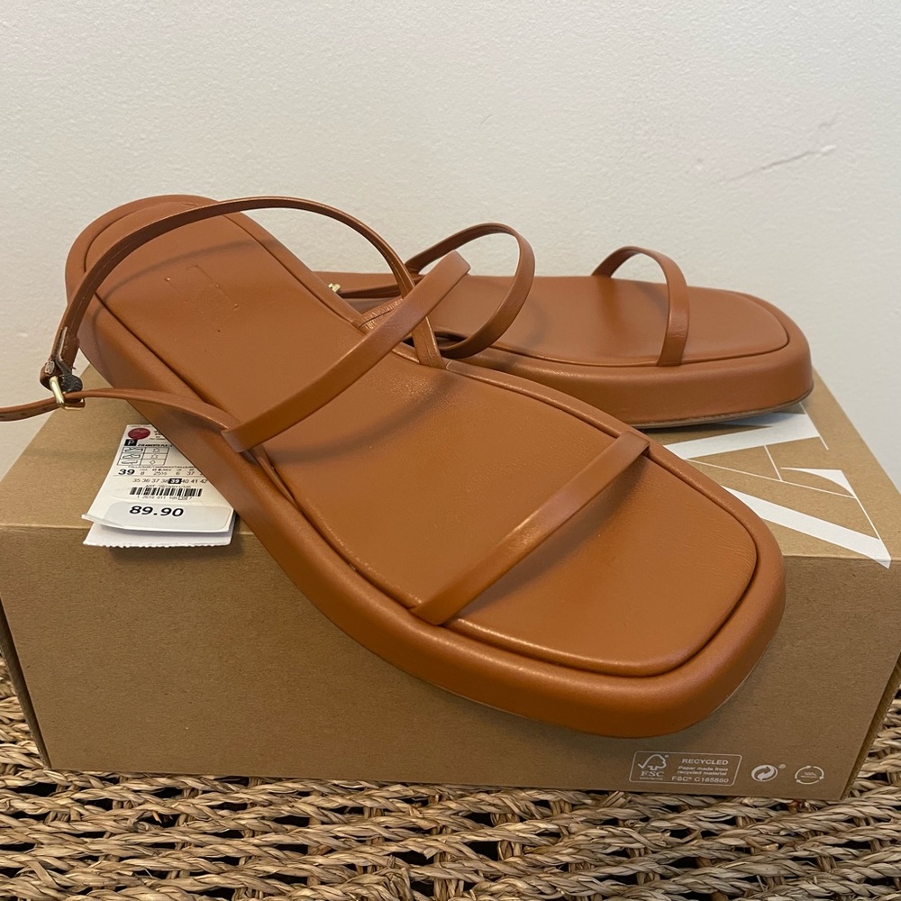Zara Brown Leather Platform Sandal 39/8